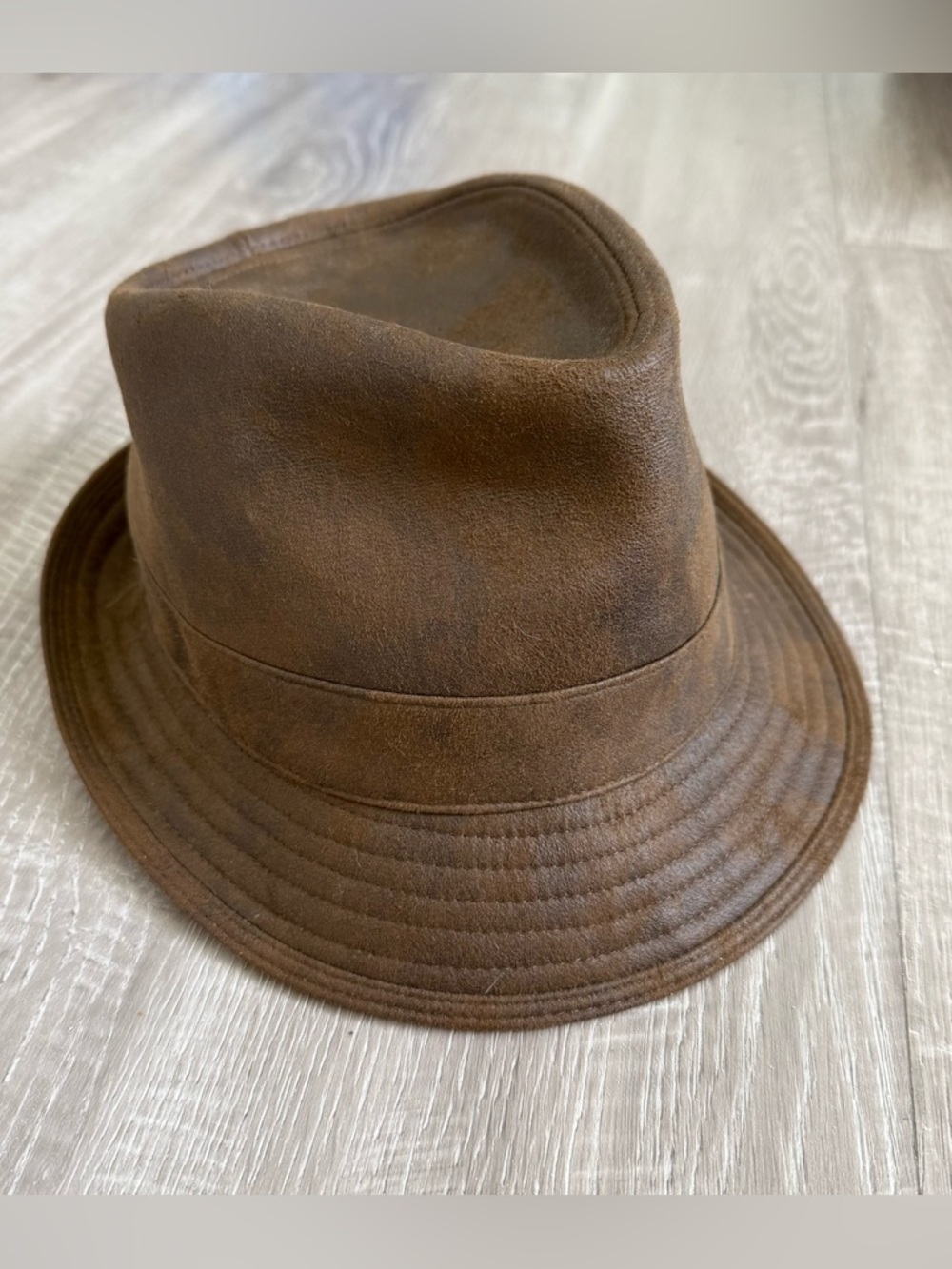 Henschel Hat Co Vintage Distressed Brown Leather Fedora Safari Hat Medium M